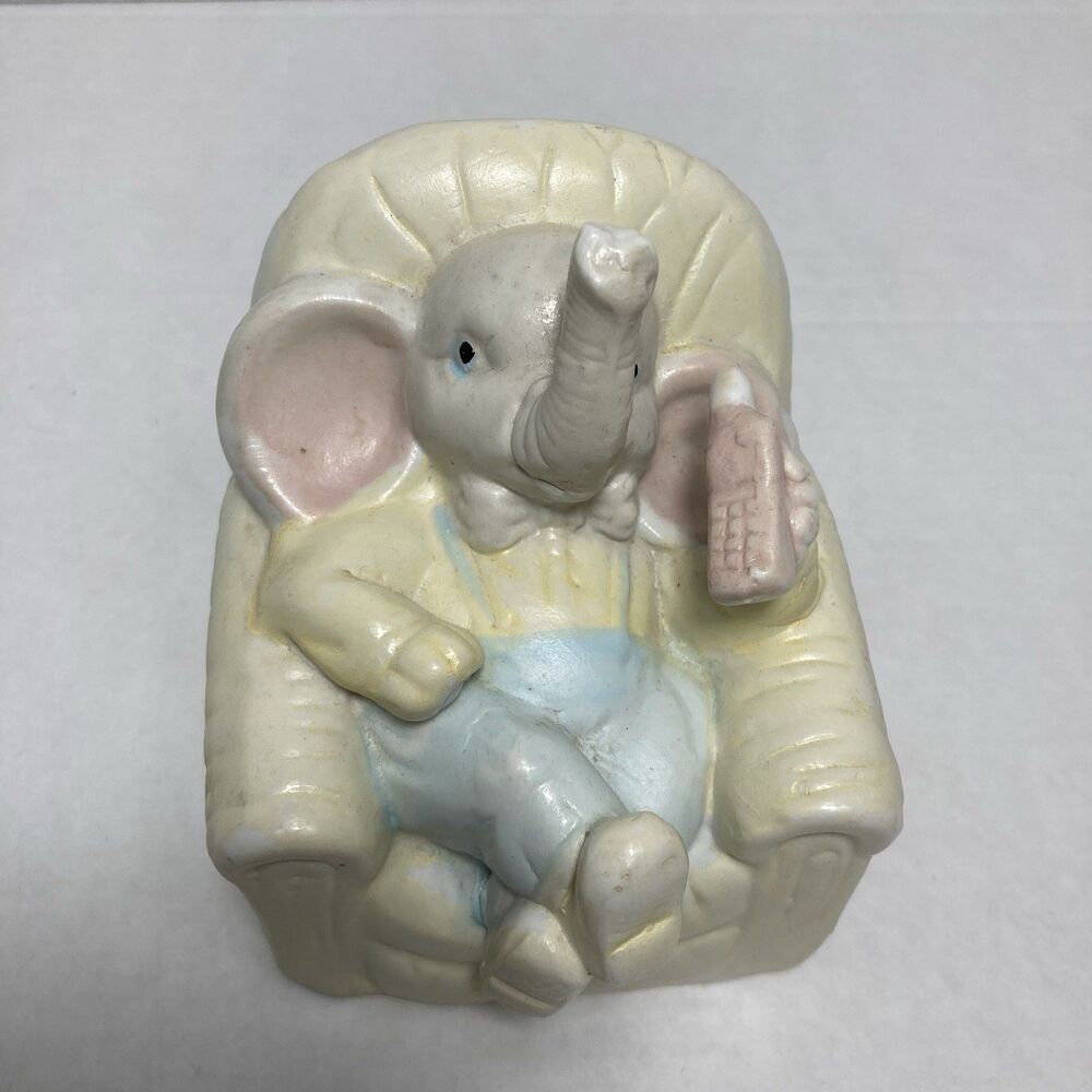 Vintage Ceramic Elephant Figurine Nursery In Chair On Phone Pastel Coin Bank